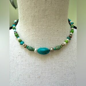 Artisan Turquoise and freshwater pearl, 925 Sterling Silver beaded necklace